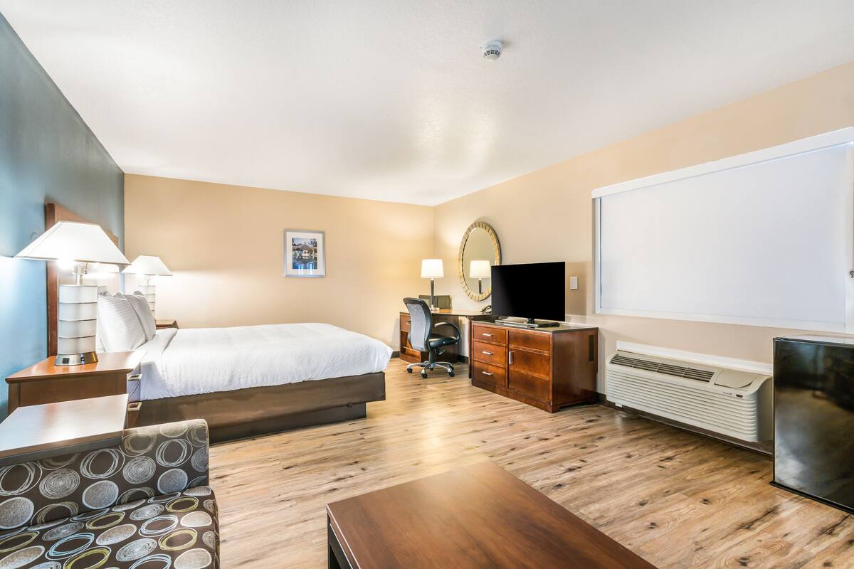 A hotel room with a bed, desk, chair, dresser, TV, and a large window.