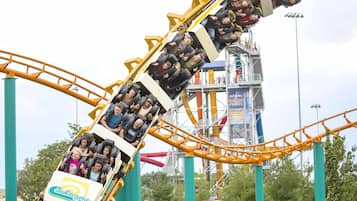 A roller coaster in motion with passengers.