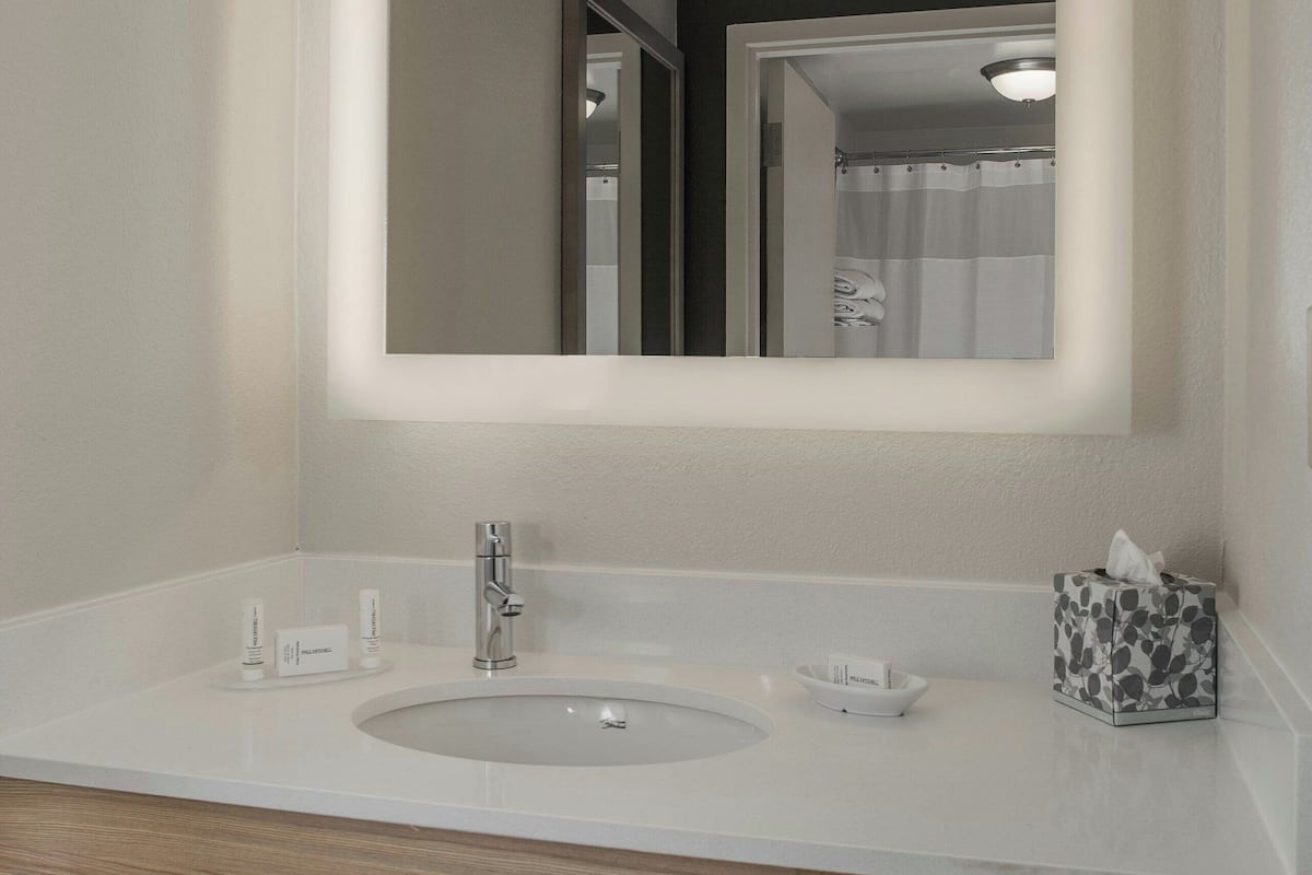 combined shower/bathtub, free toiletries, hair dryer, towels