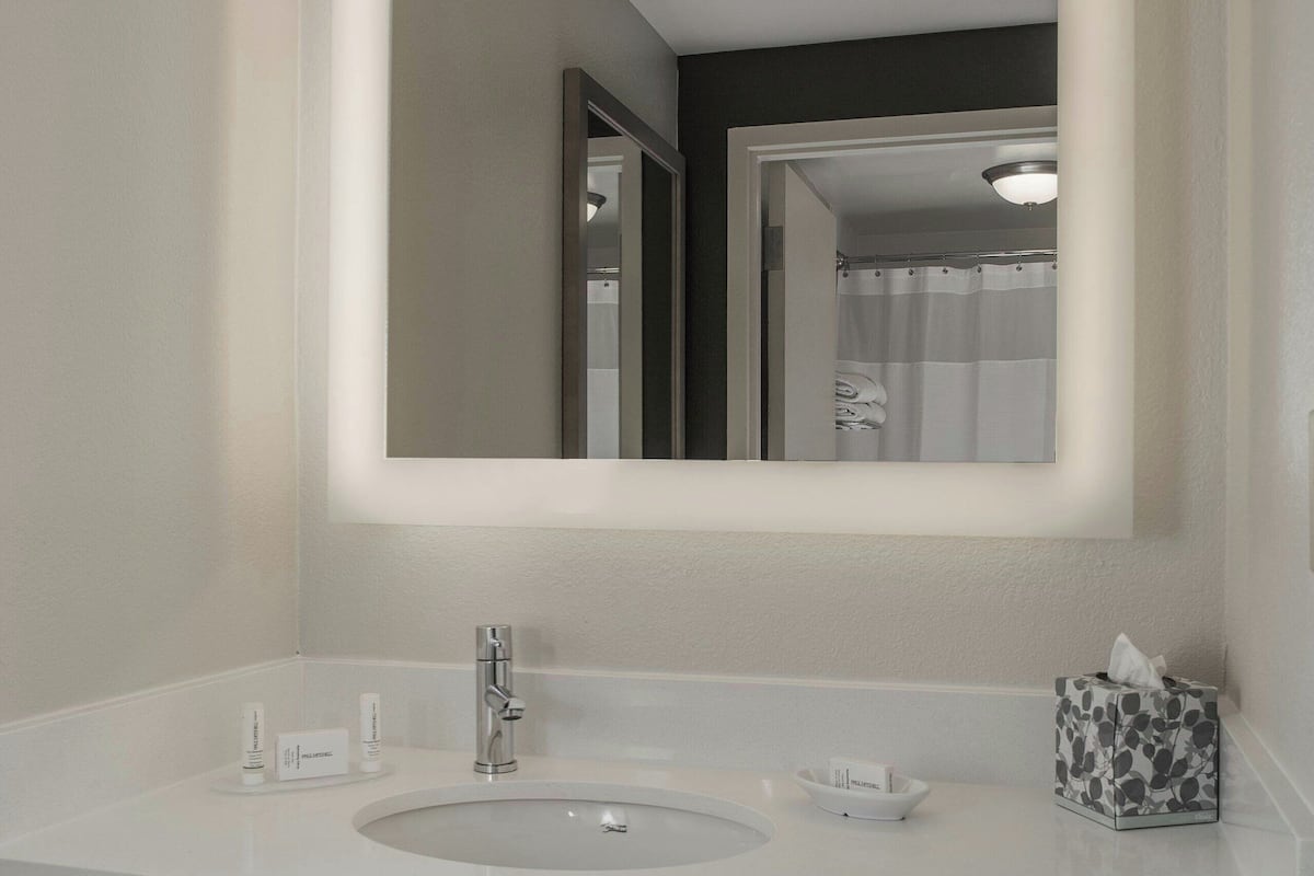 Combined shower/bathtub, free toiletries, hair dryer, towels