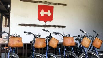 Bicicletas estacionadas bajo un refugio con cestas en el manillar.