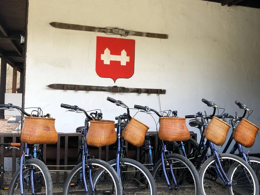 Bicicletas estacionadas bajo un refugio con cestas en el manillar.
