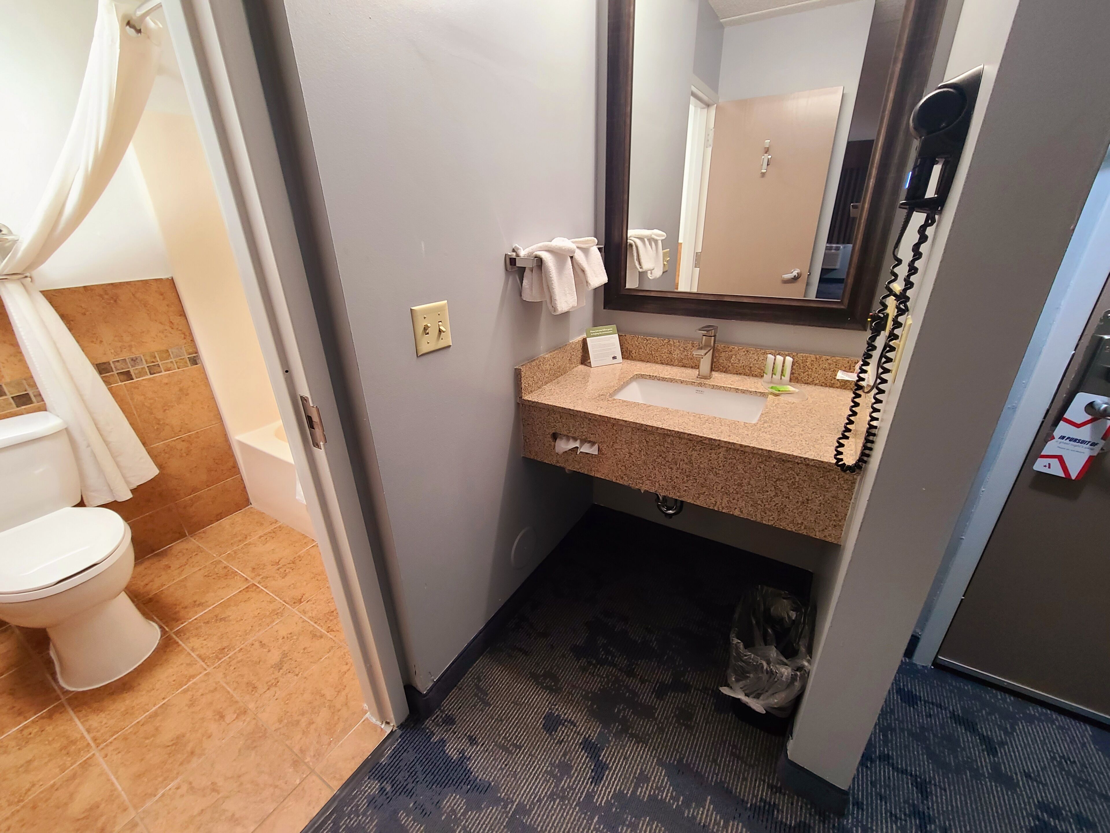 A bathroom with a toilet, sink, and mirror.
