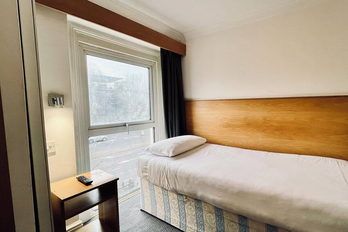 A hotel room with a single bed, a bedside table with a remote control, a window with a view of the street, and a door.