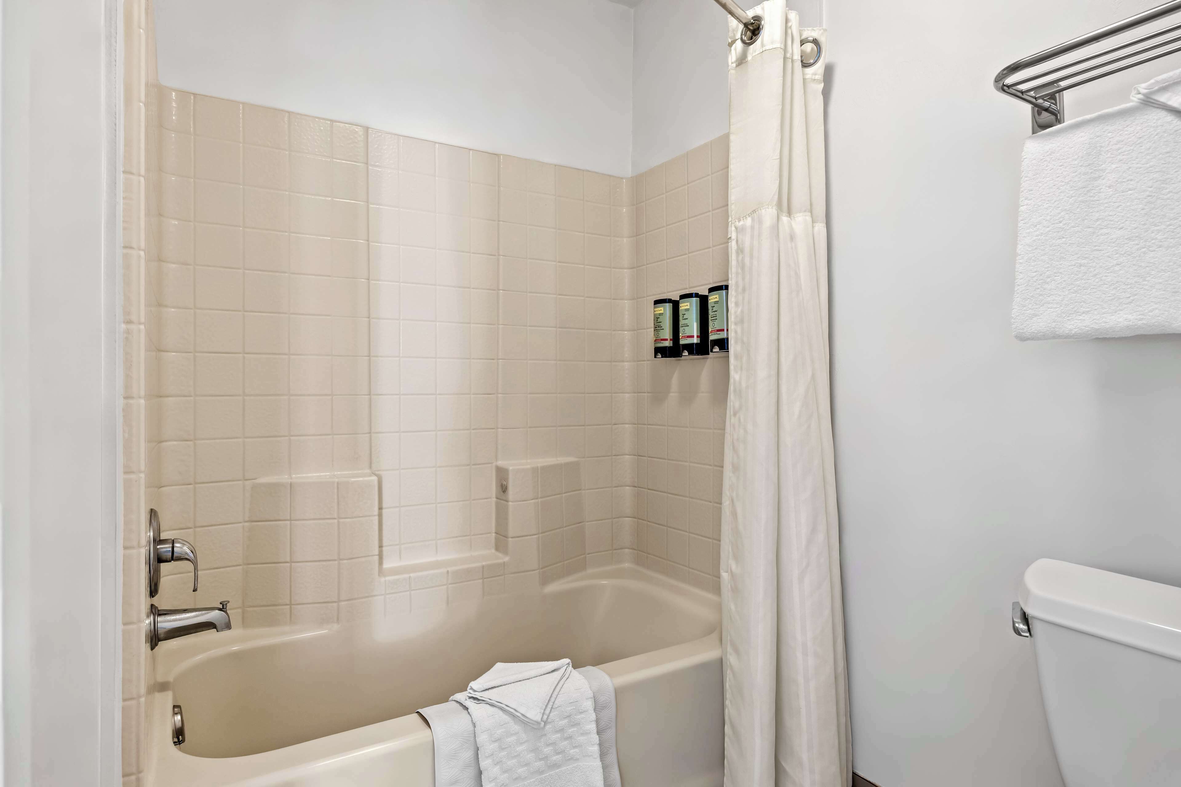 standard room, 1 king bed, non smoking, refrigerator & microwave | bathroom | shower, free toiletries, hair dryer, towels