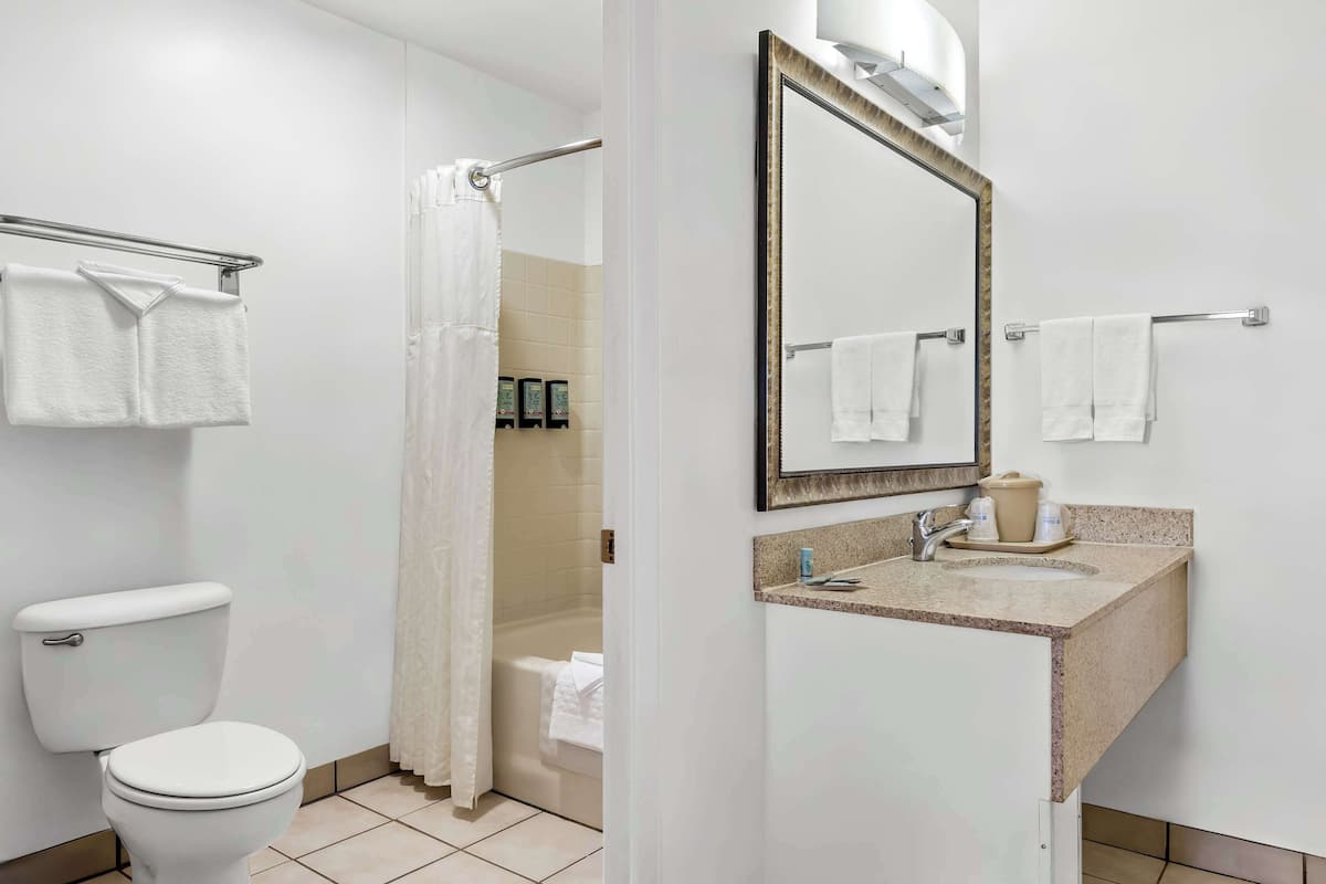 standard room, 2 queen beds, non smoking, refrigerator & microwave | bathroom | shower, free toiletries, hair dryer, towels