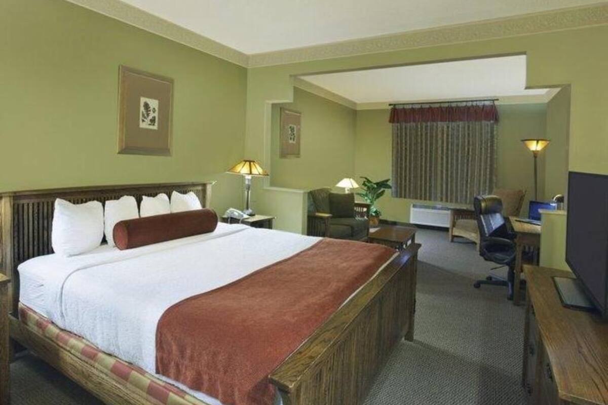 Une chambre d’hôtel avec un grand lit, un bureau, une chaise, une télévision et une fenêtre avec des rideaux.