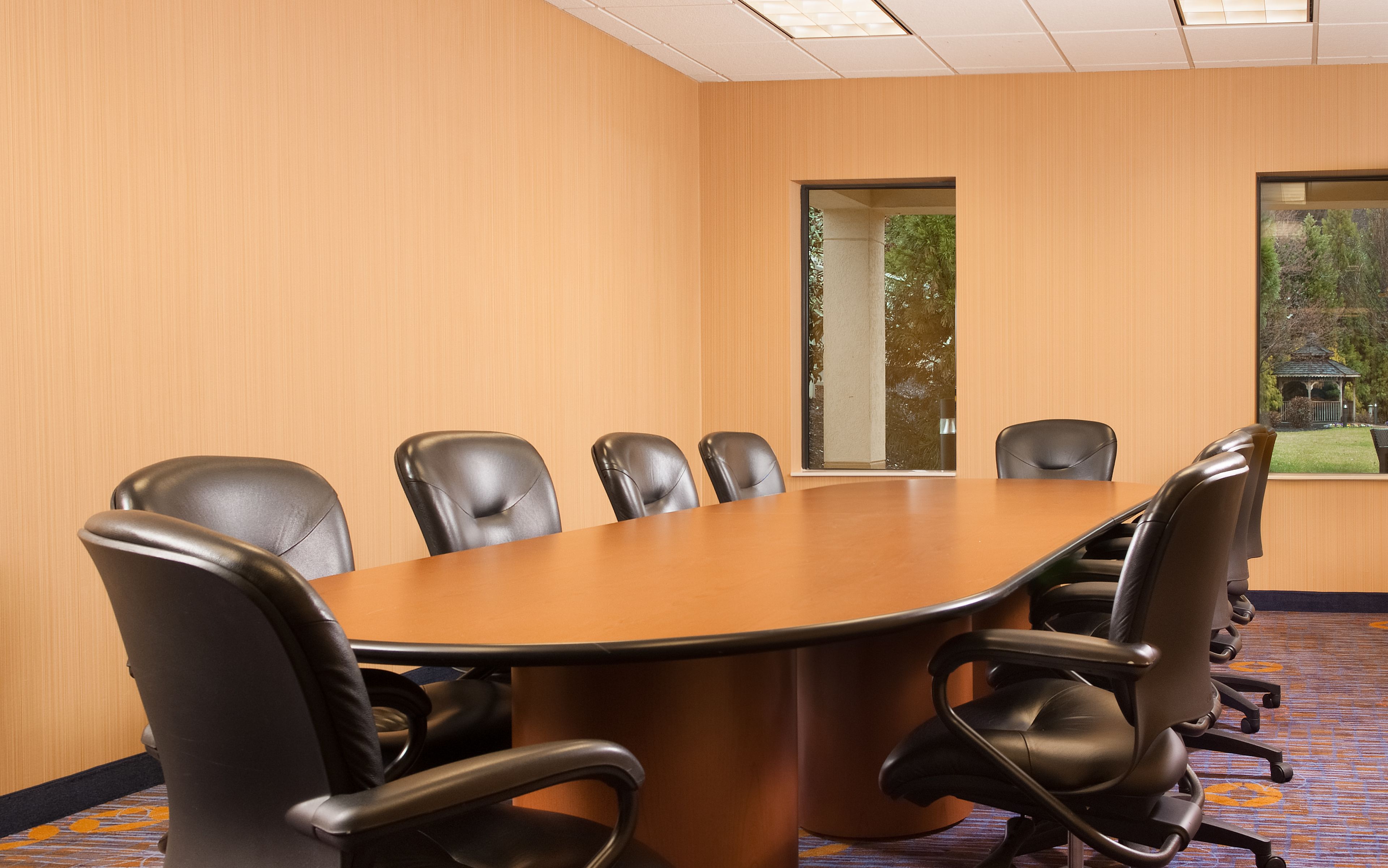 A conference room with a large oval table, six black leather chairs, and a view of a garden through a window.