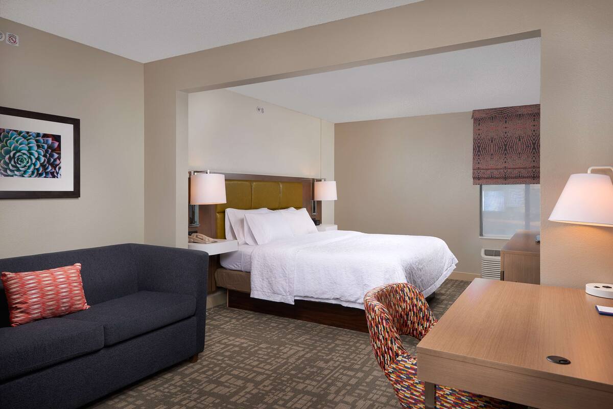 A hotel room with a bed, a sofa, a chair, and a desk.