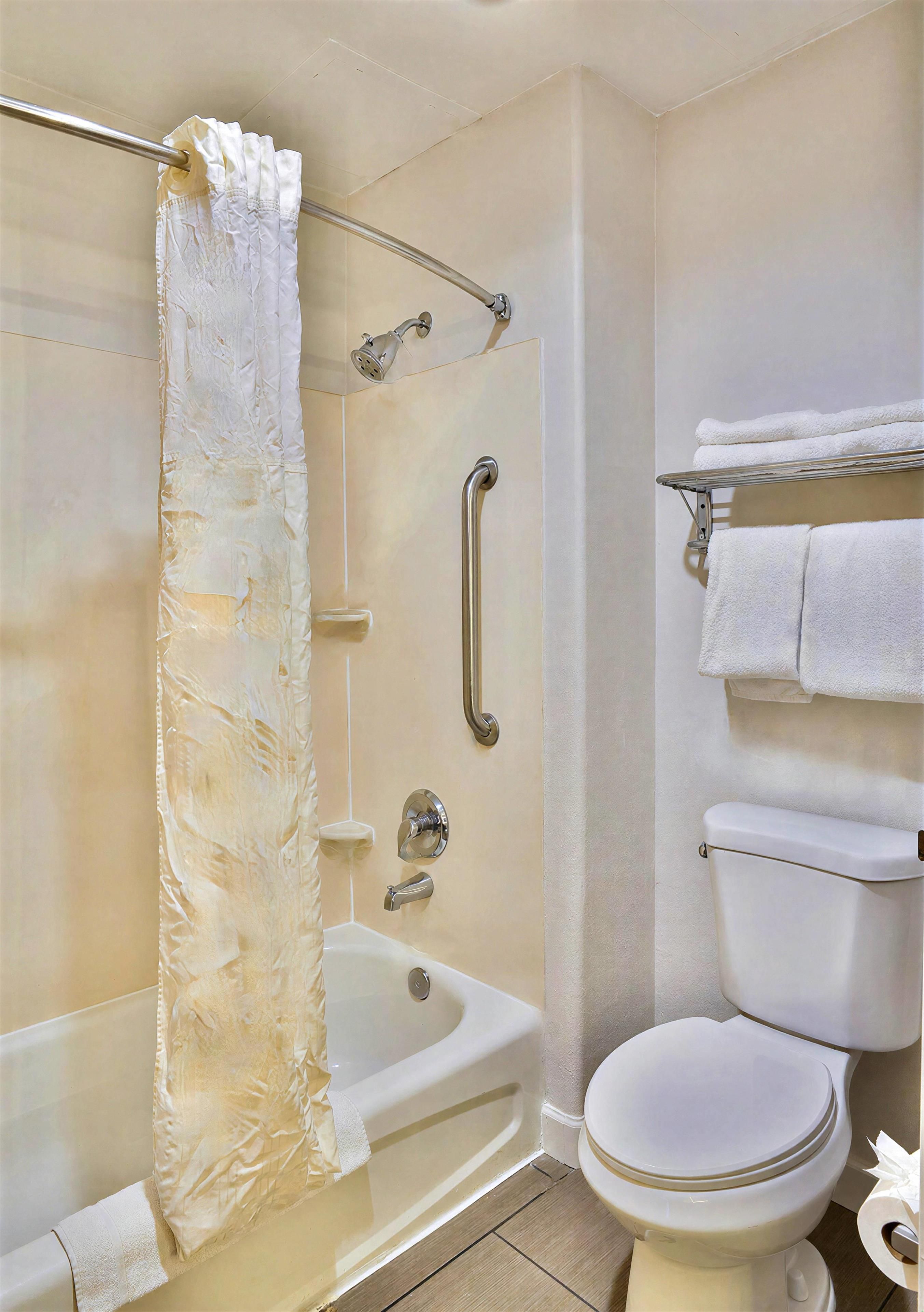 Un baño con bañera, ducha, inodoro y toallero.
