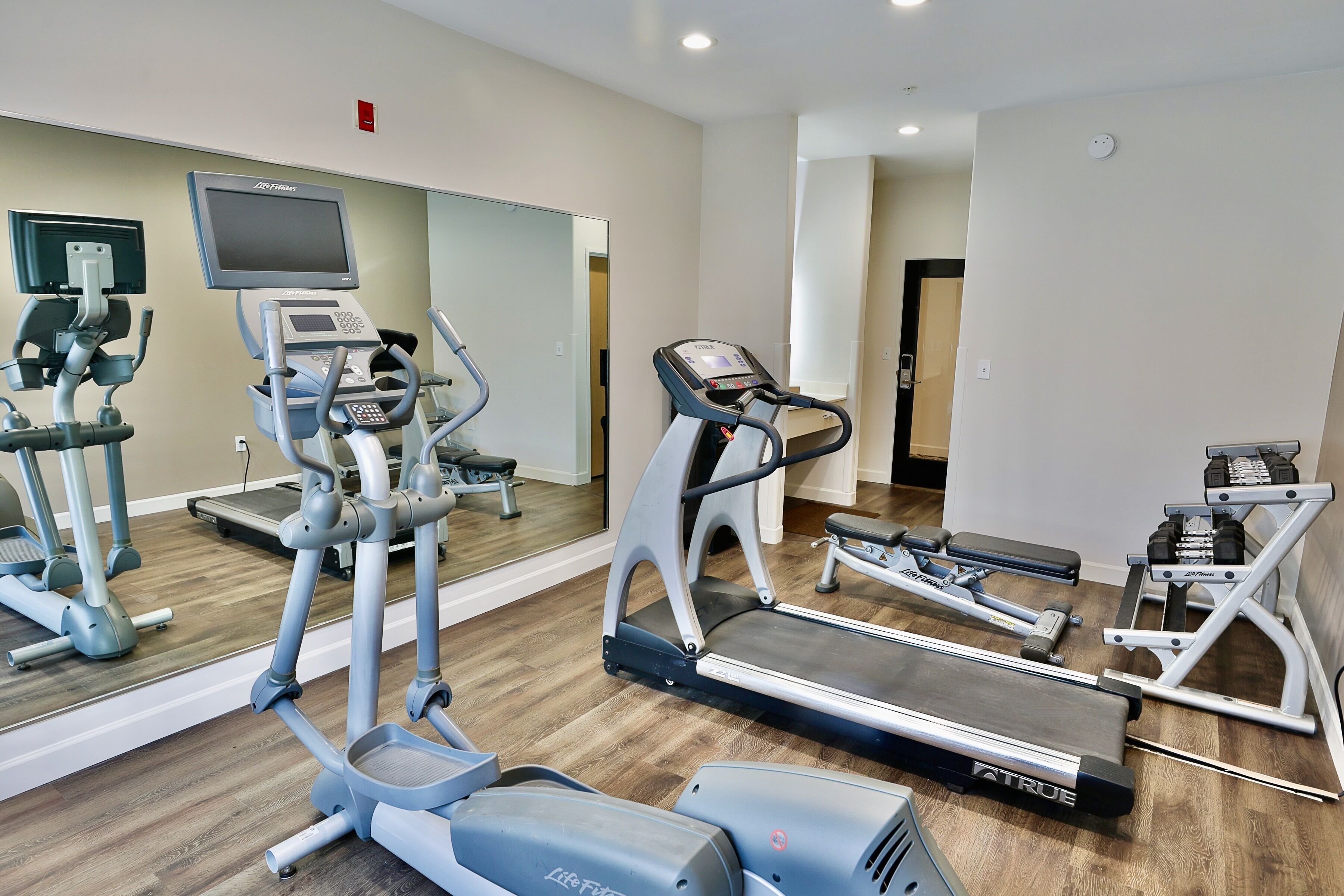 Ein Fitnessstudio mit Laufbändern, Crosstrainern und Gewichtsgeräten.