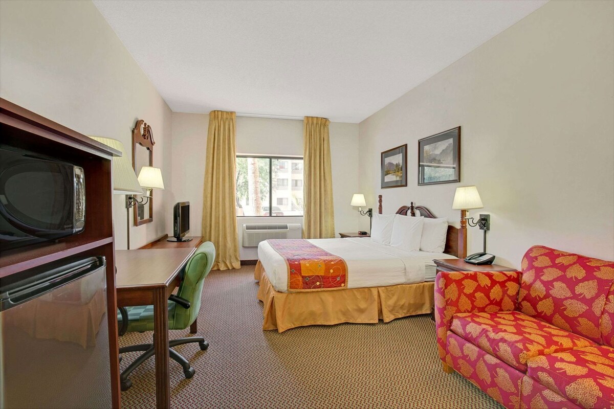 A hotel room with a bed, desk, chair, television, and a sofa.