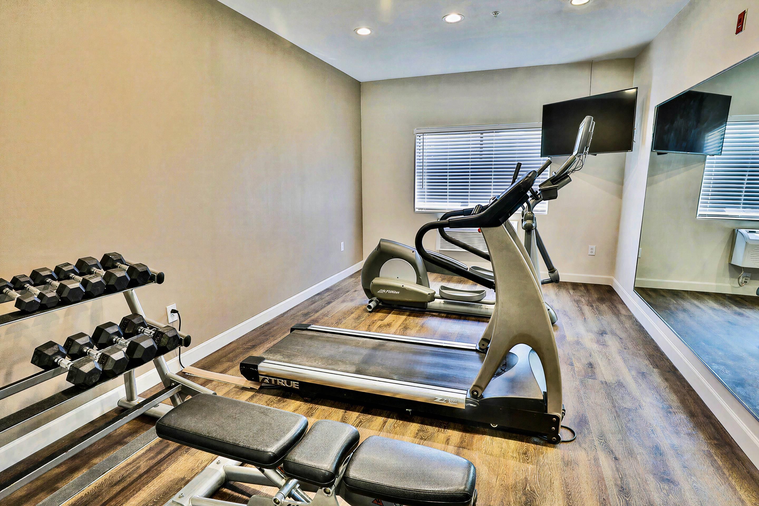 Un gimnasio con cintas de correr, mancuernas y un banco.