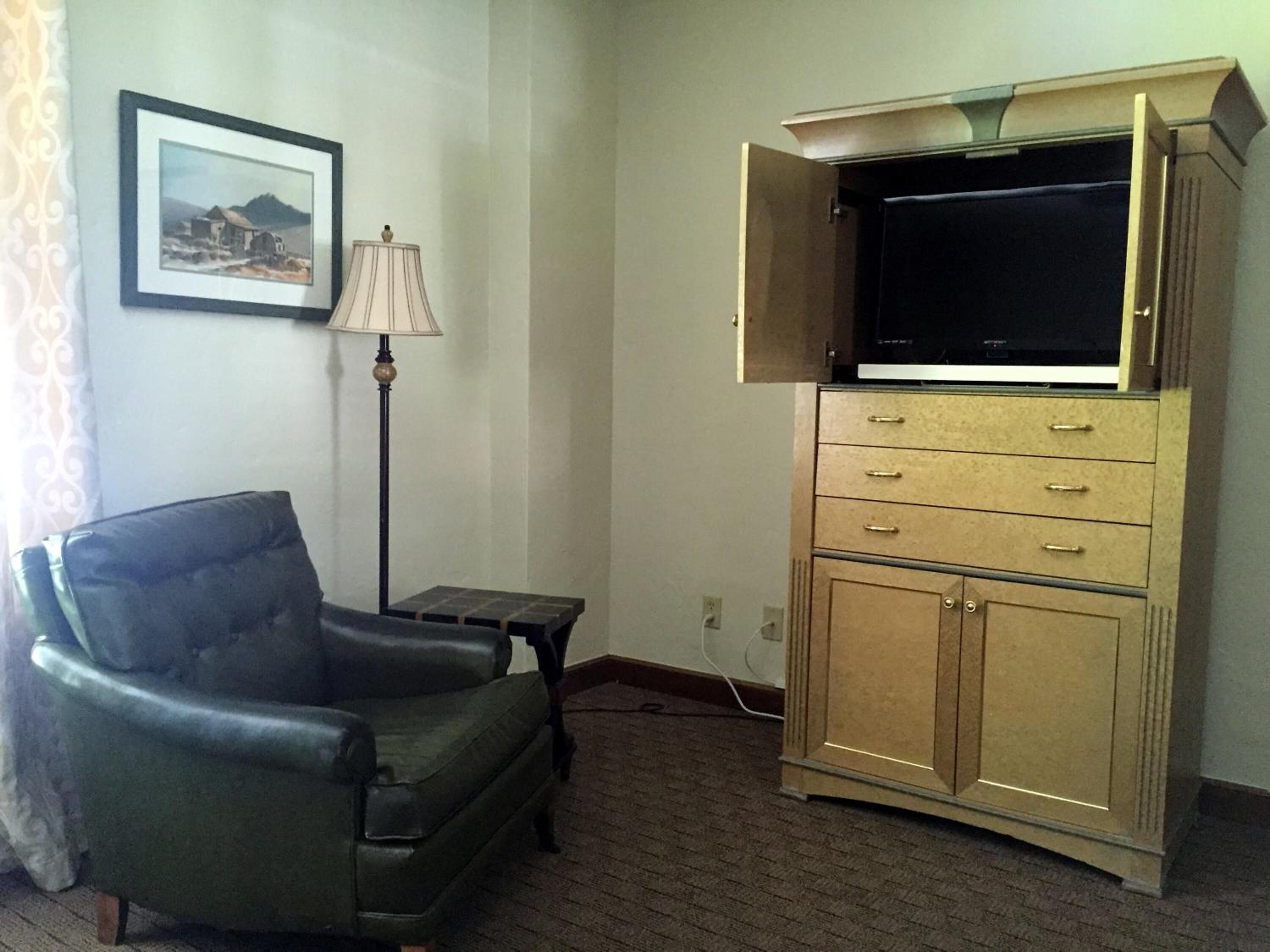 Un salón con un sillón verde, una lámpara, un televisor sobre un mueble de madera y un cuadro en la pared.