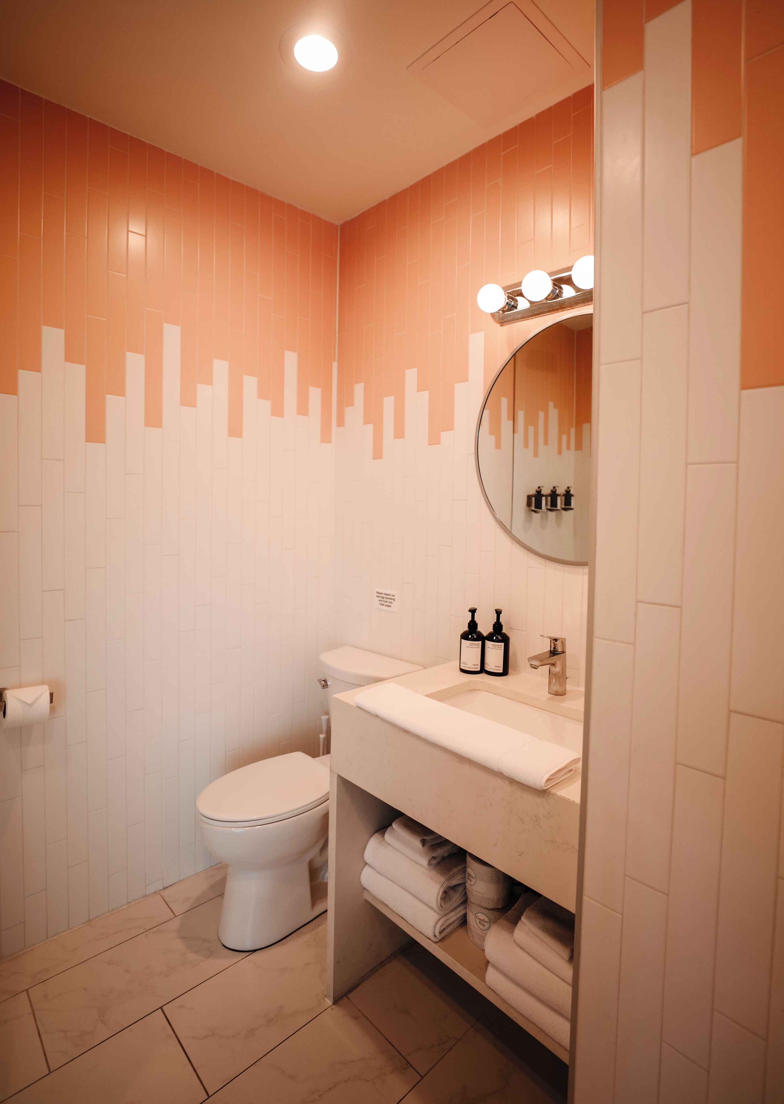 A bathroom with a toilet, sink, and mirror.