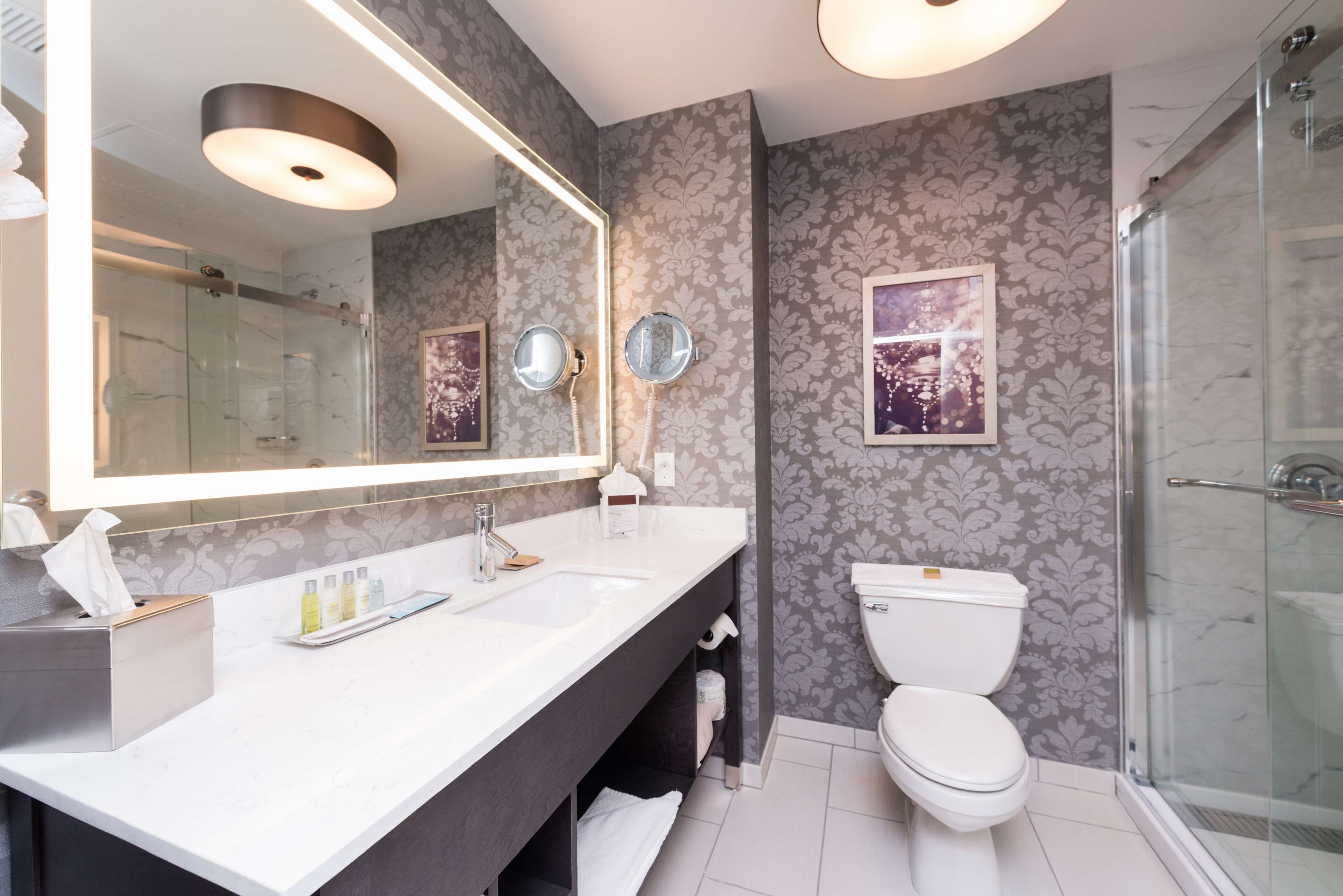 A modern bathroom with a large mirror, dual sinks, a toilet, and a glass-enclosed shower.