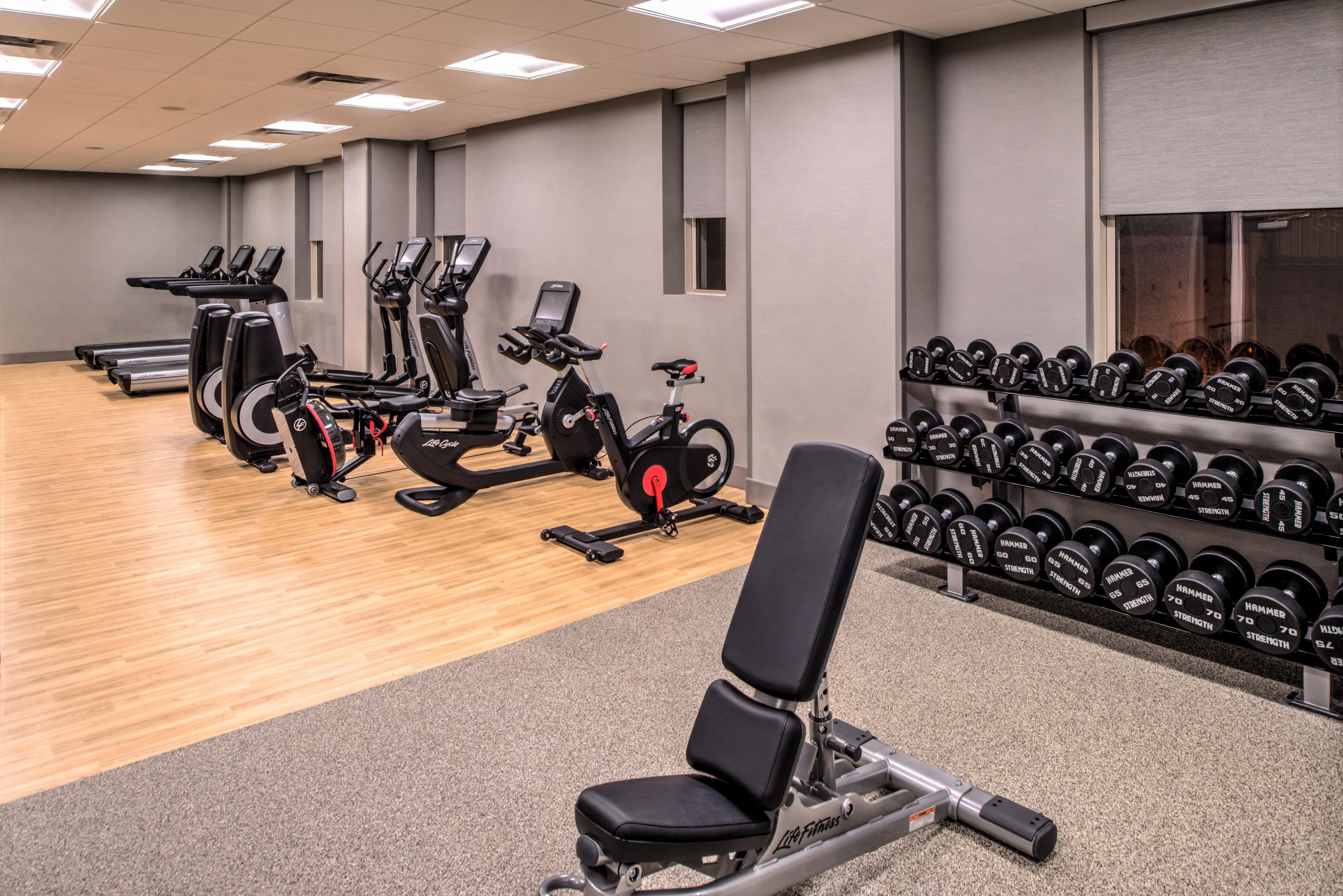Un gimnasio con máquinas de cardio, bancos de pesas y mancuernas.