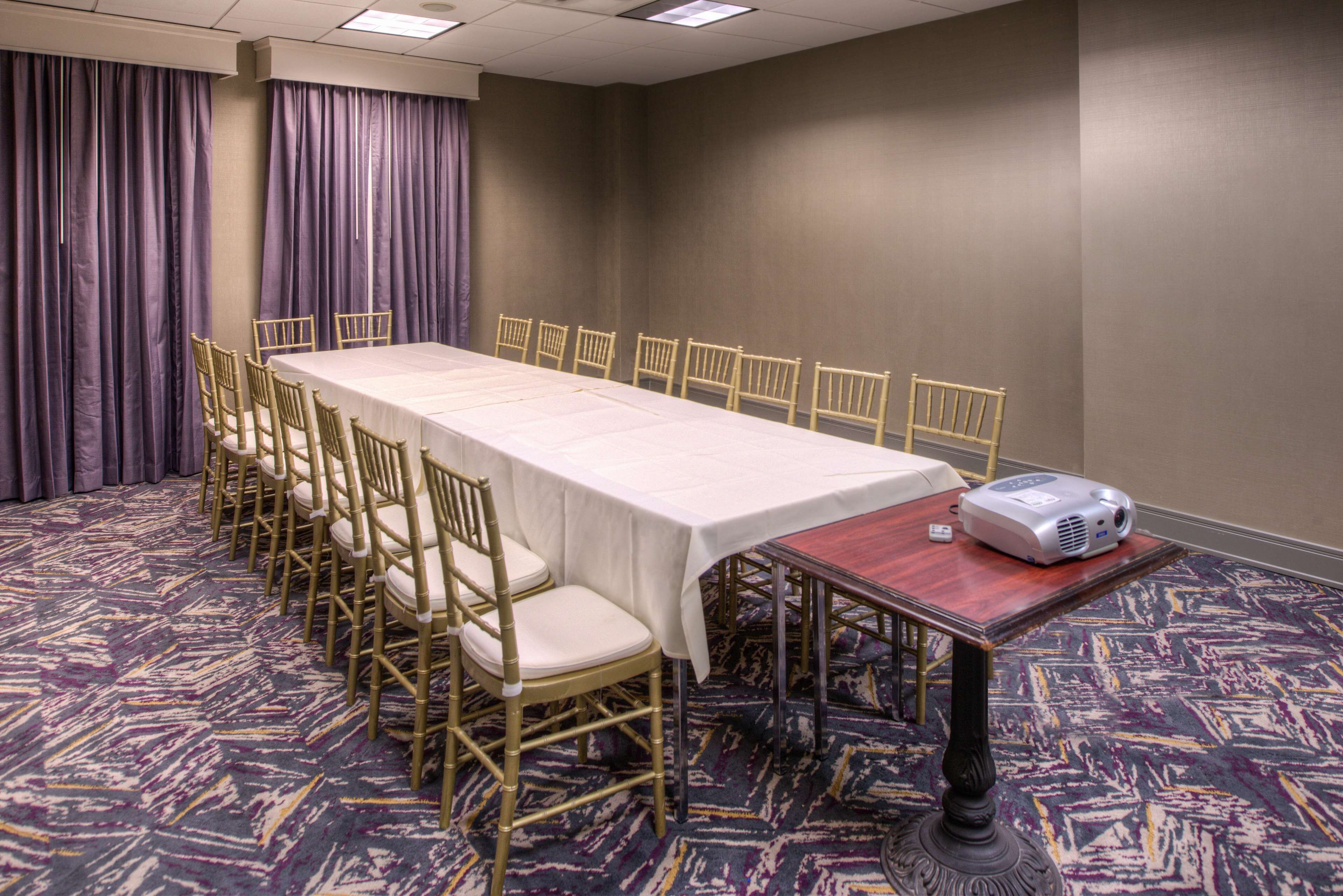 Une salle de conférence avec une longue table, des chaises, un projecteur et un sol recouvert de moquette.