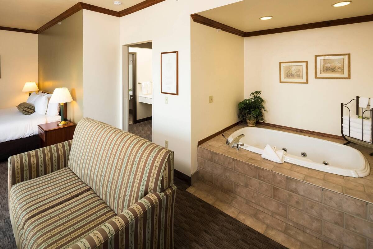 A hotel room with a bed, a striped sofa, a large bathtub, and a small potted plant.