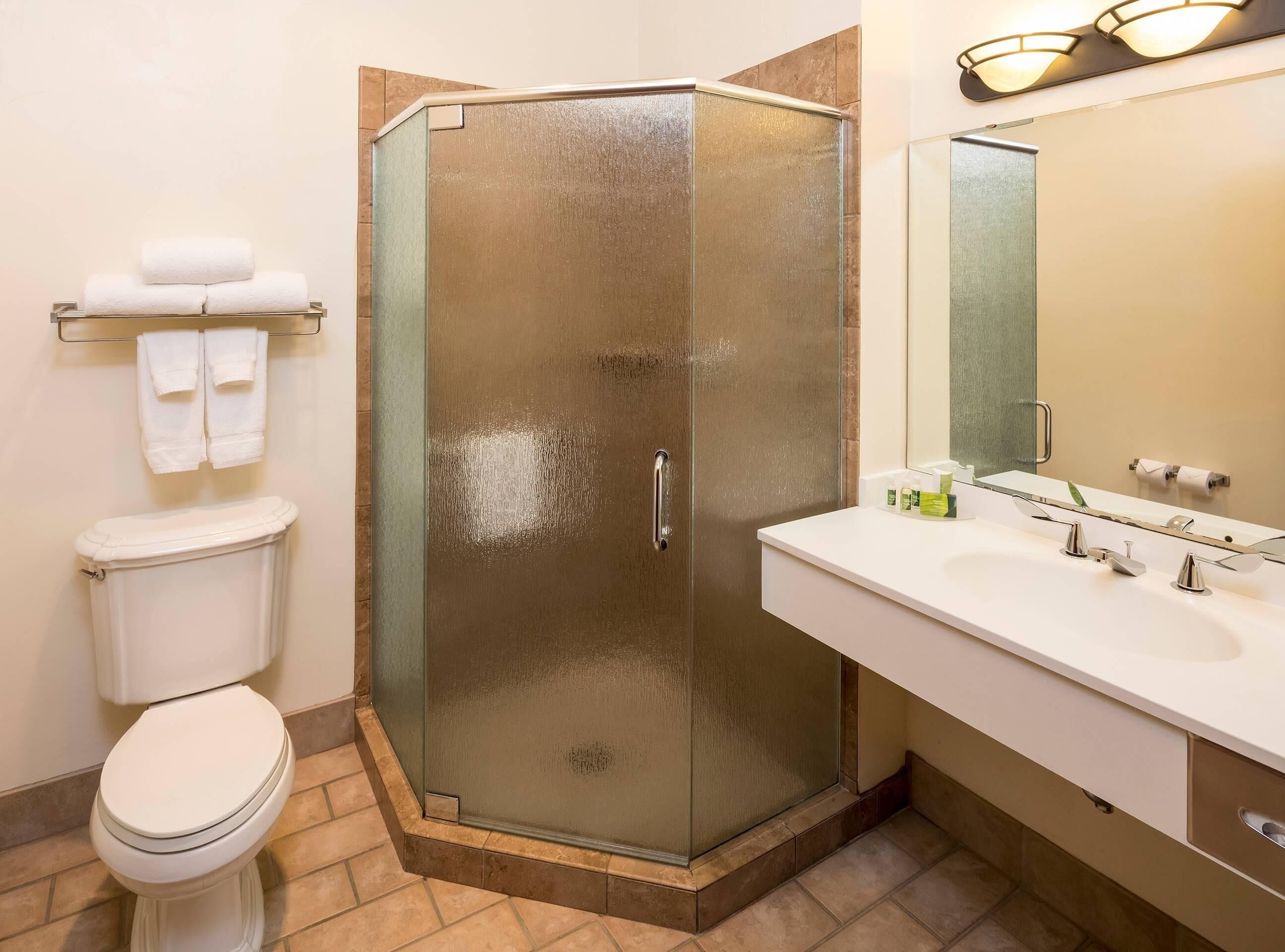 A bathroom with a glass-enclosed shower, a white toilet, a sink with a mirror, and a towel rack with towels.
