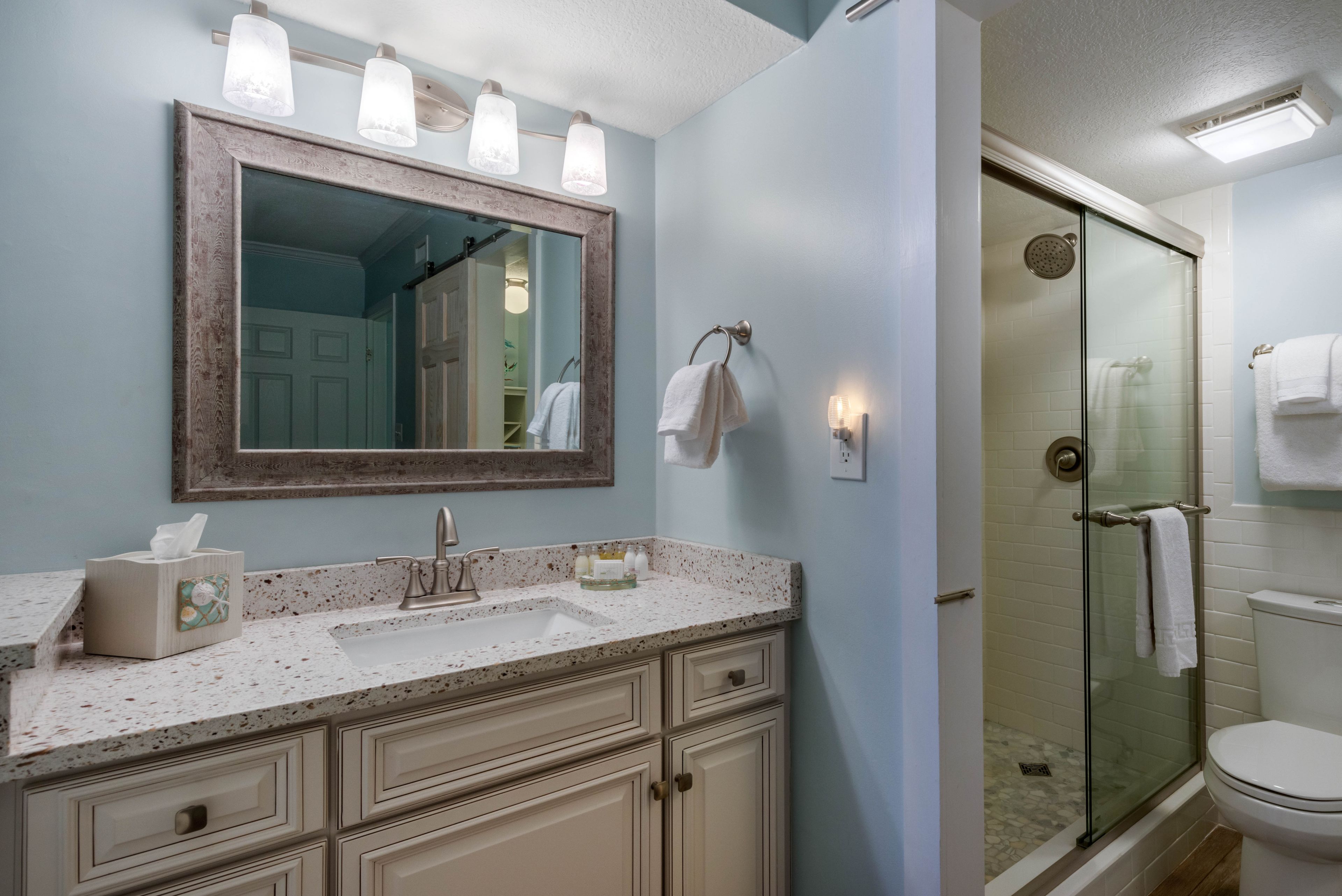 A bathroom with a vanity, a mirror, a shower, and a toilet.