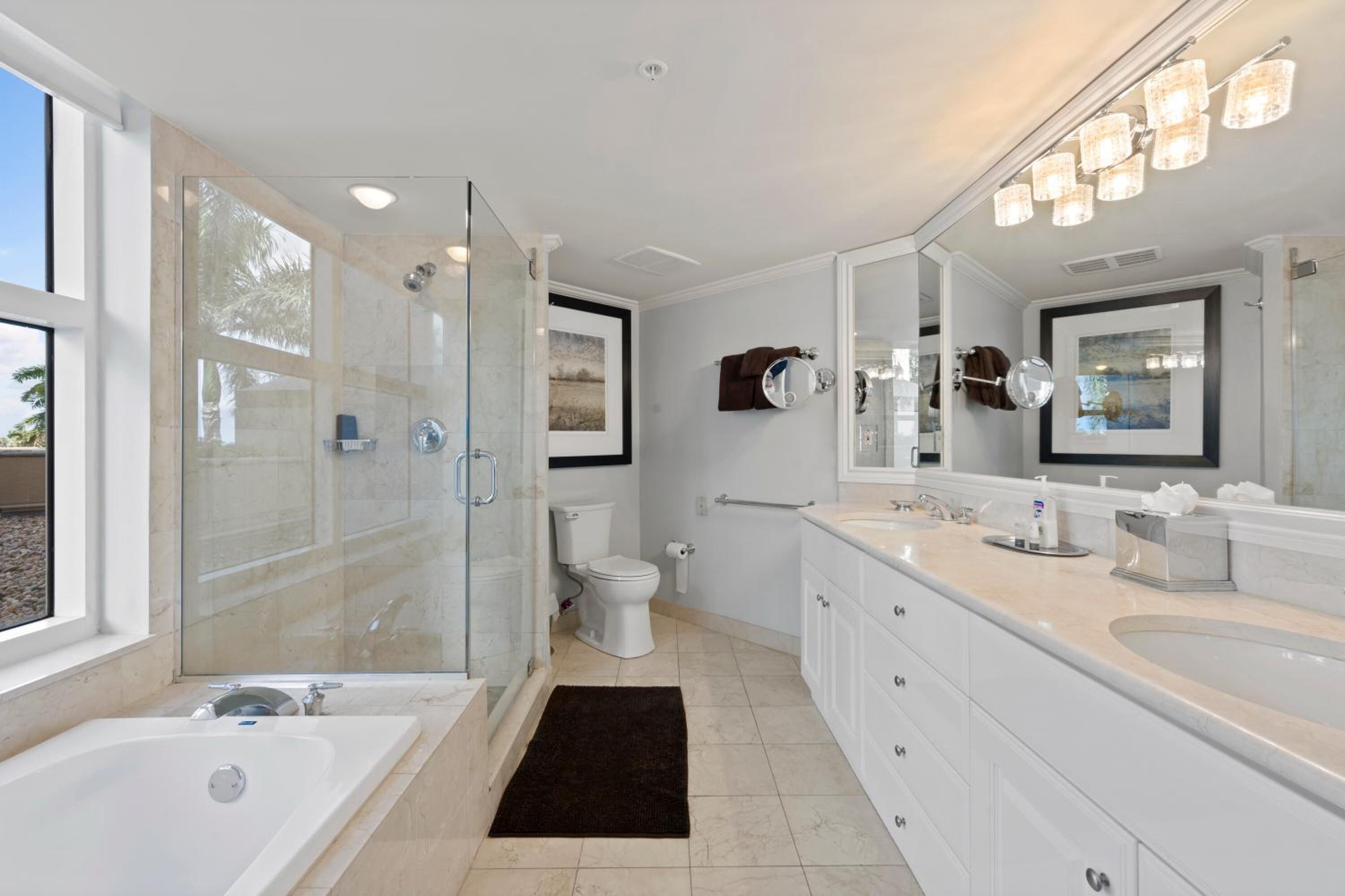 designer toiletries, hair dryer, bathrobes, slippers