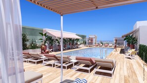 Seasonal outdoor pool, open 8:00 AM to 10:00 PM, pool loungers