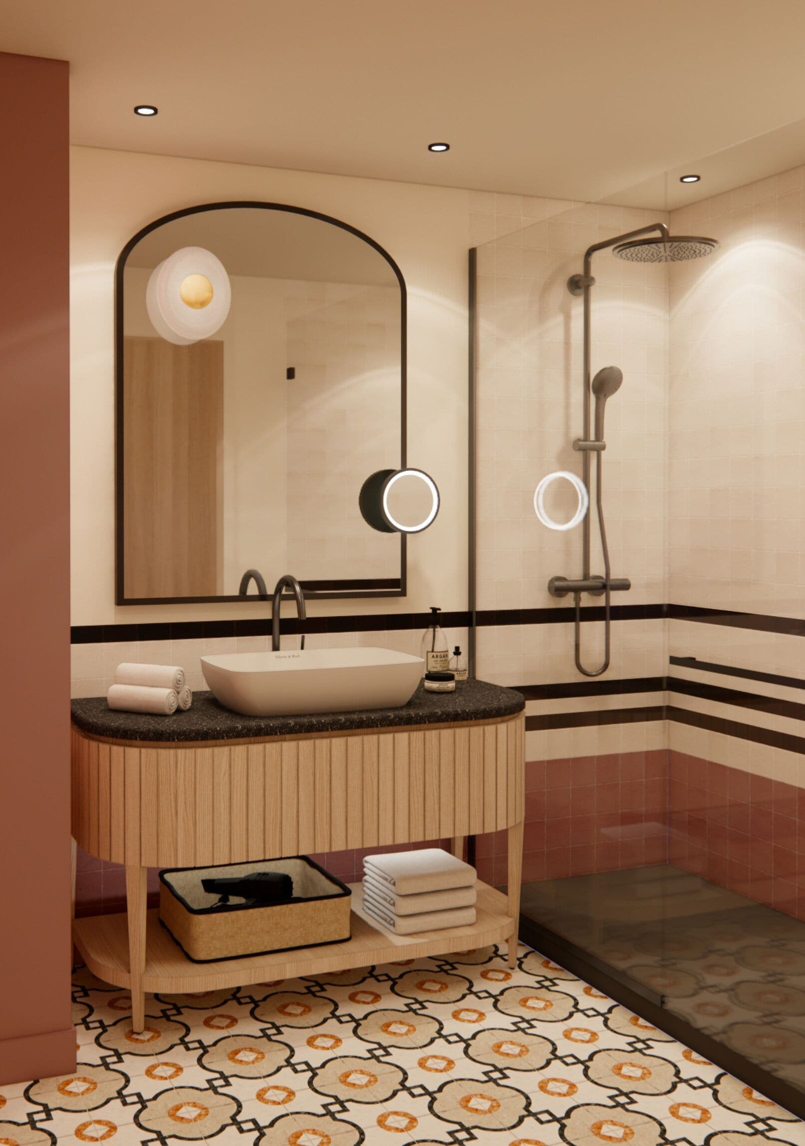 combined shower/bathtub, free toiletries, hair dryer, bathrobes