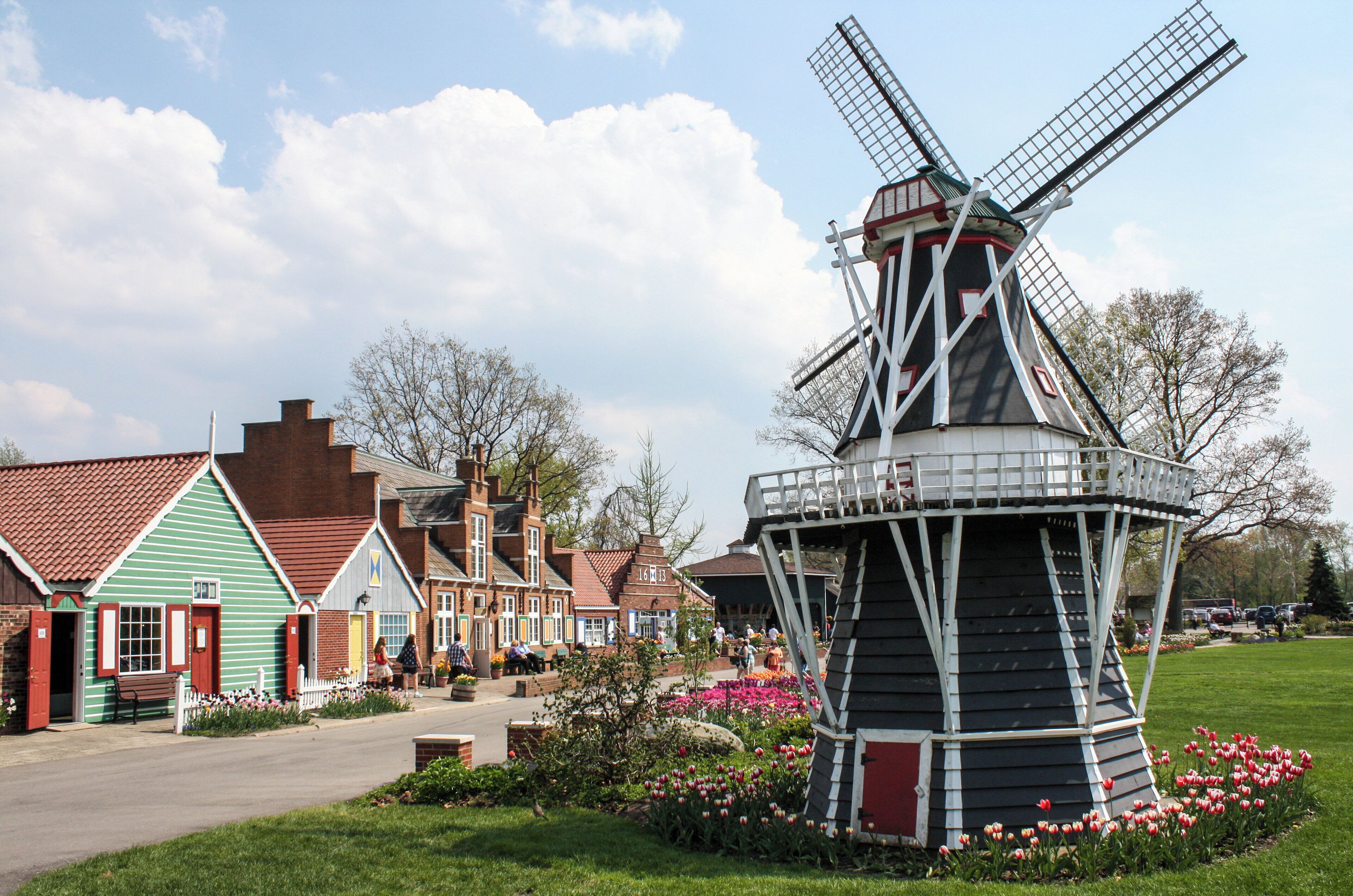 A traditional windmill with a surrounding garden and a row of colorful buildings.