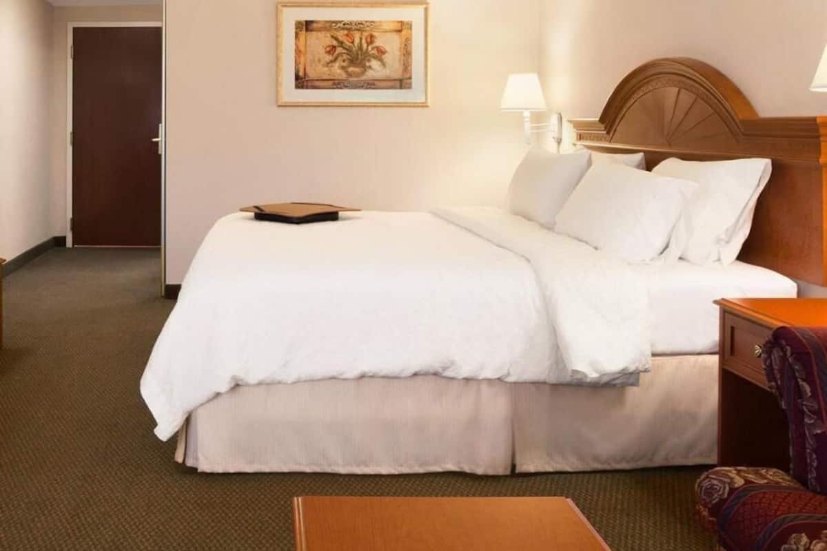 Una habitación de hotel con una cama, una mesita de noche, una silla, una puerta y un cuadro en la pared.
