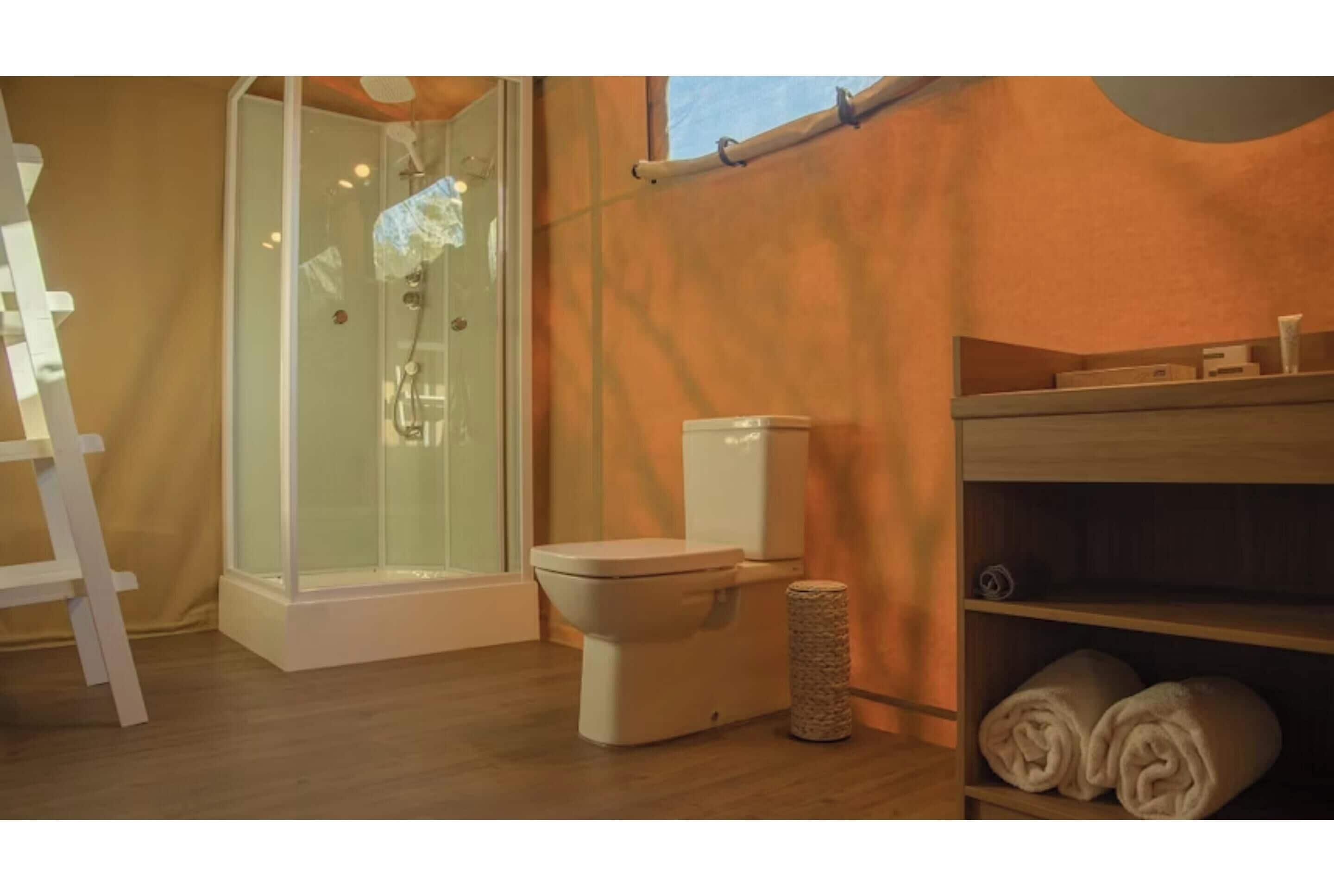 A bathroom with a shower, toilet, and shelves with towels.