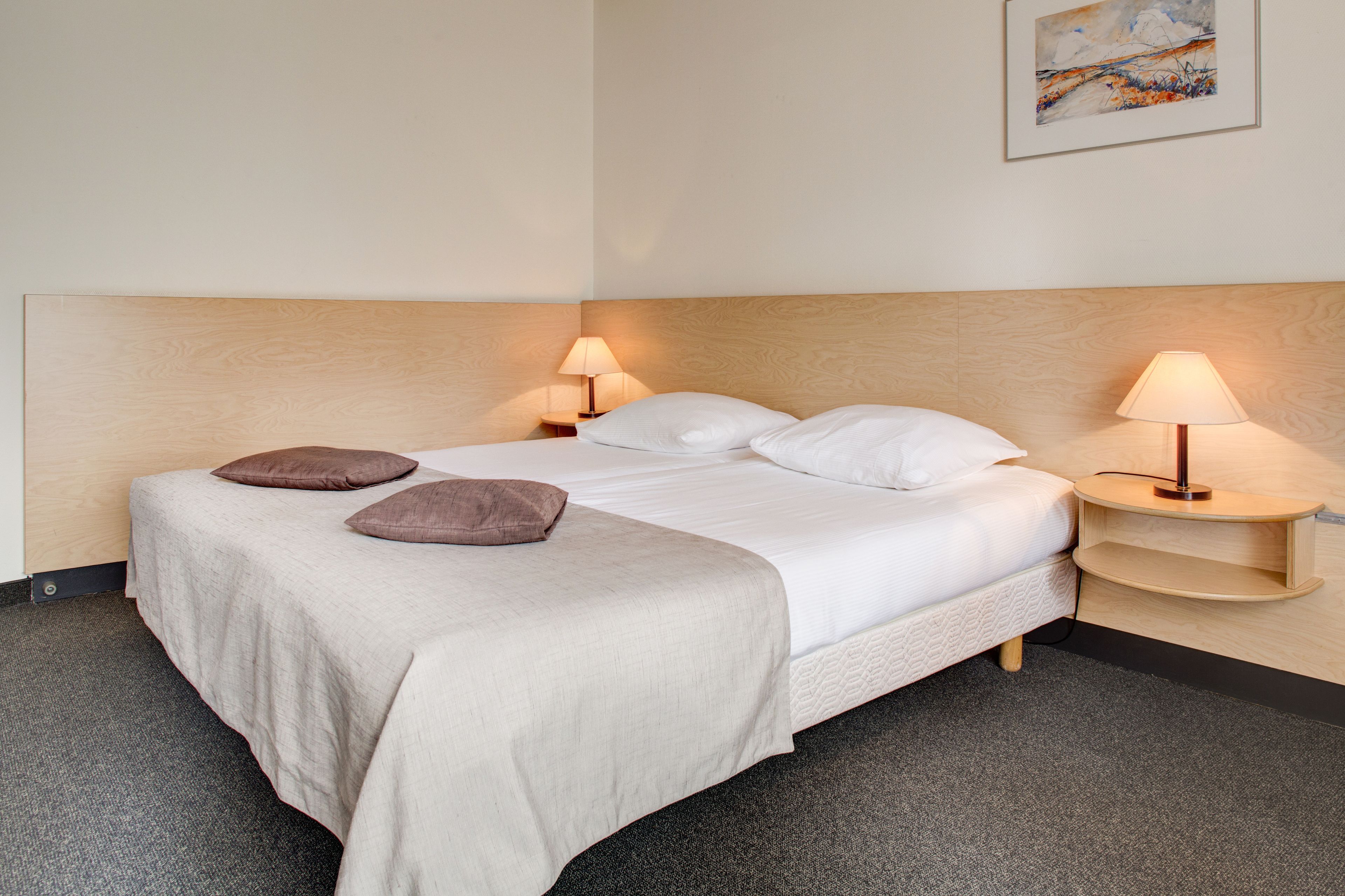A neatly made bed with two pillows, a bedside table with a lamp, and a painting on the wall.