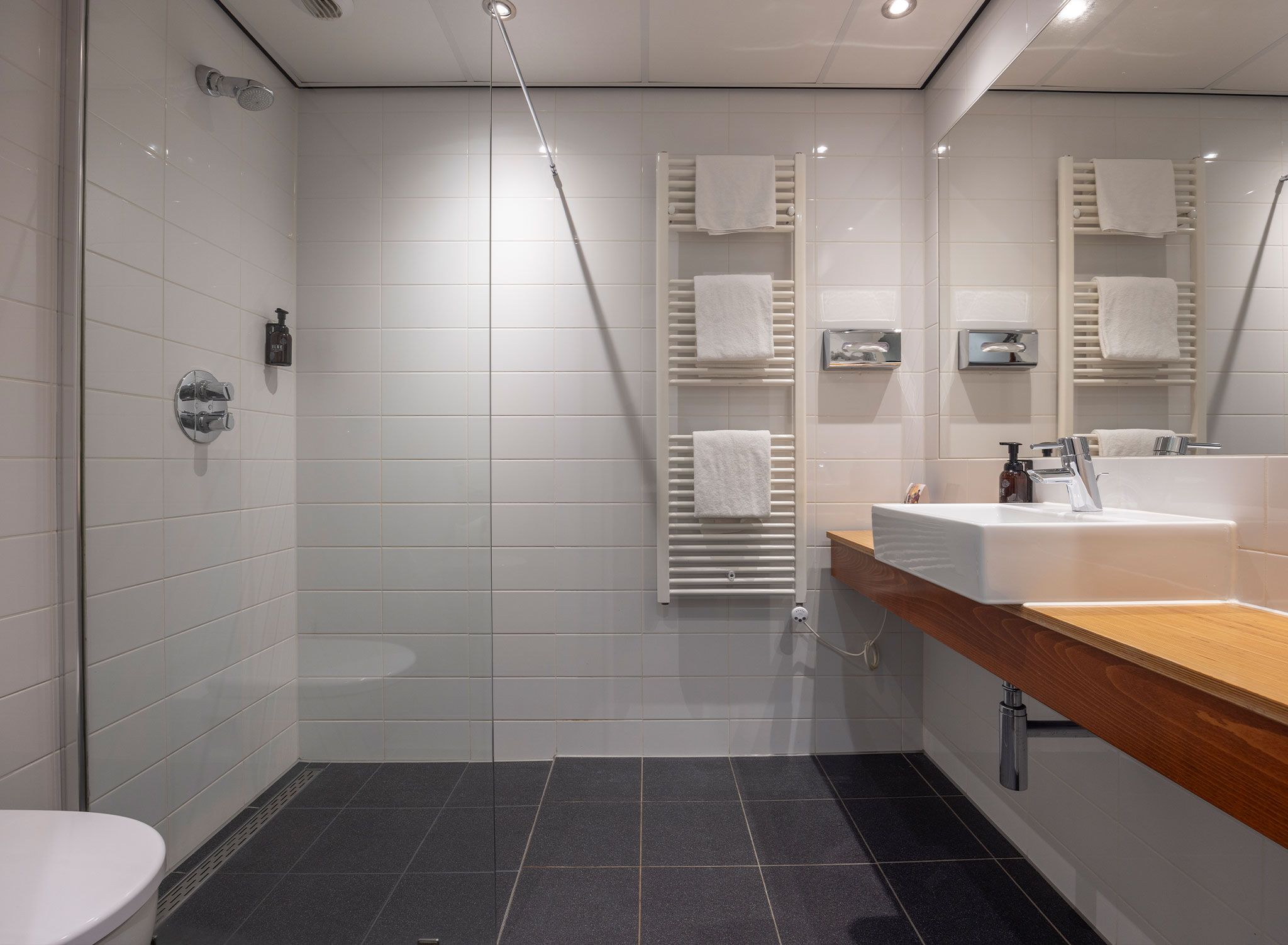 A modern bathroom with a shower, toilet, and sink.
