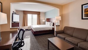 A hotel room with a bed, a desk, a chair, a sofa, and a TV. - Best Western Plus Gateway Inn & Suites (Aurora)