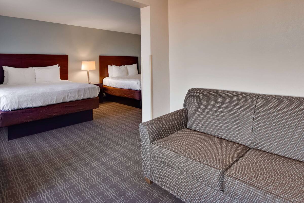 A hotel room with two beds, a sofa, and a patterned carpet.
