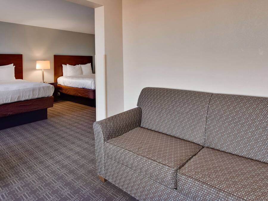 A hotel room with two beds, a sofa, and a patterned carpet.