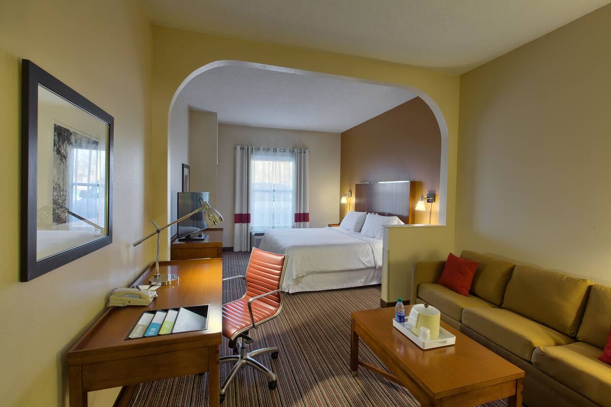 Una habitación de hotel con cama, escritorio, silla y sofá.