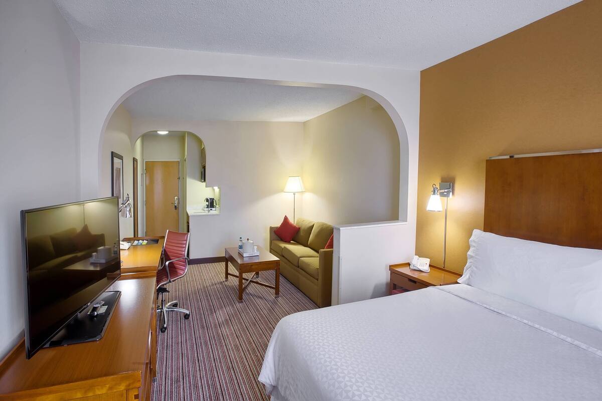 Una habitación de hotel con una cama grande, un escritorio con televisor de pantalla plana, un sofá y una lámpara.