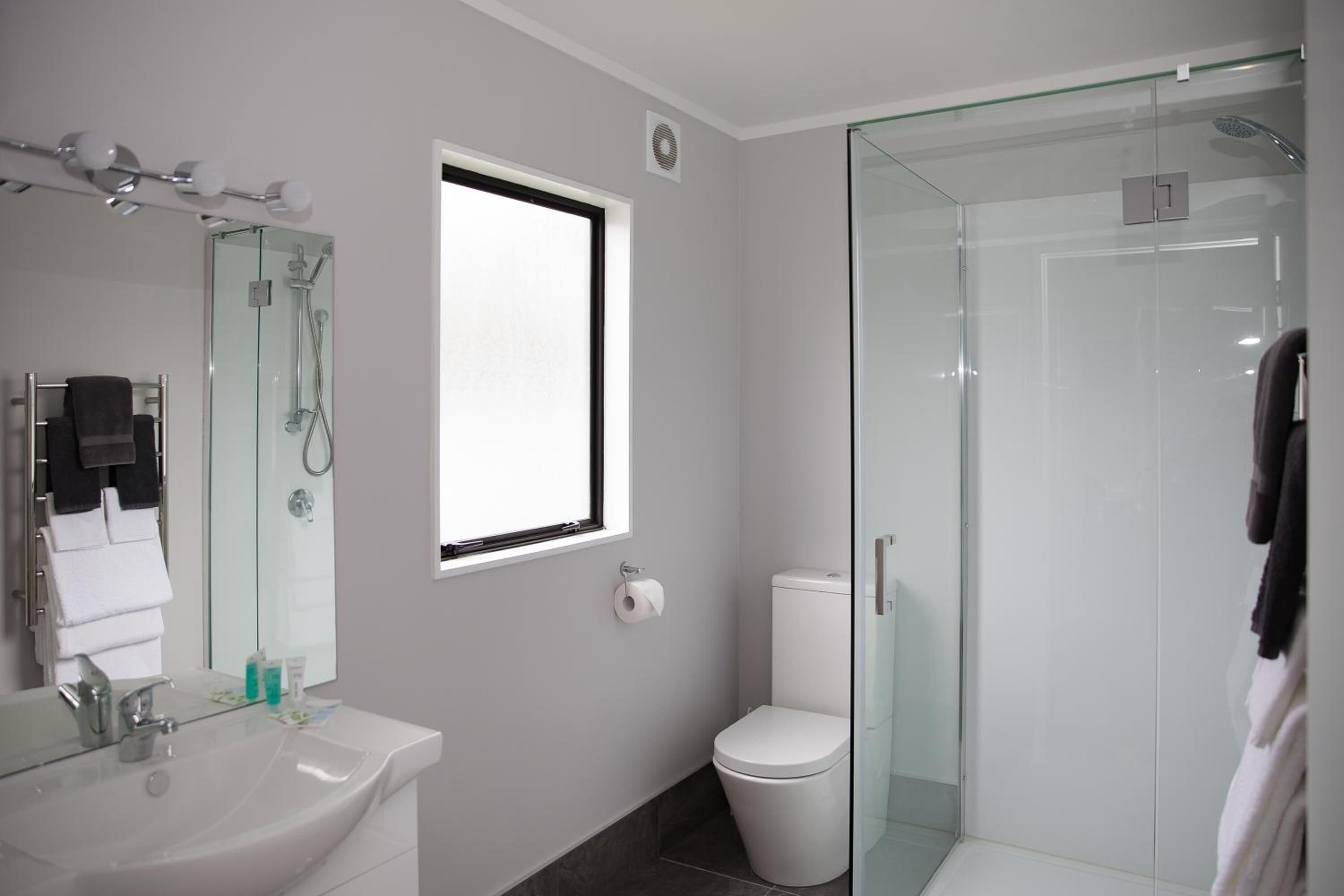 A modern bathroom with a glass-enclosed shower, a white sink, and a toilet.