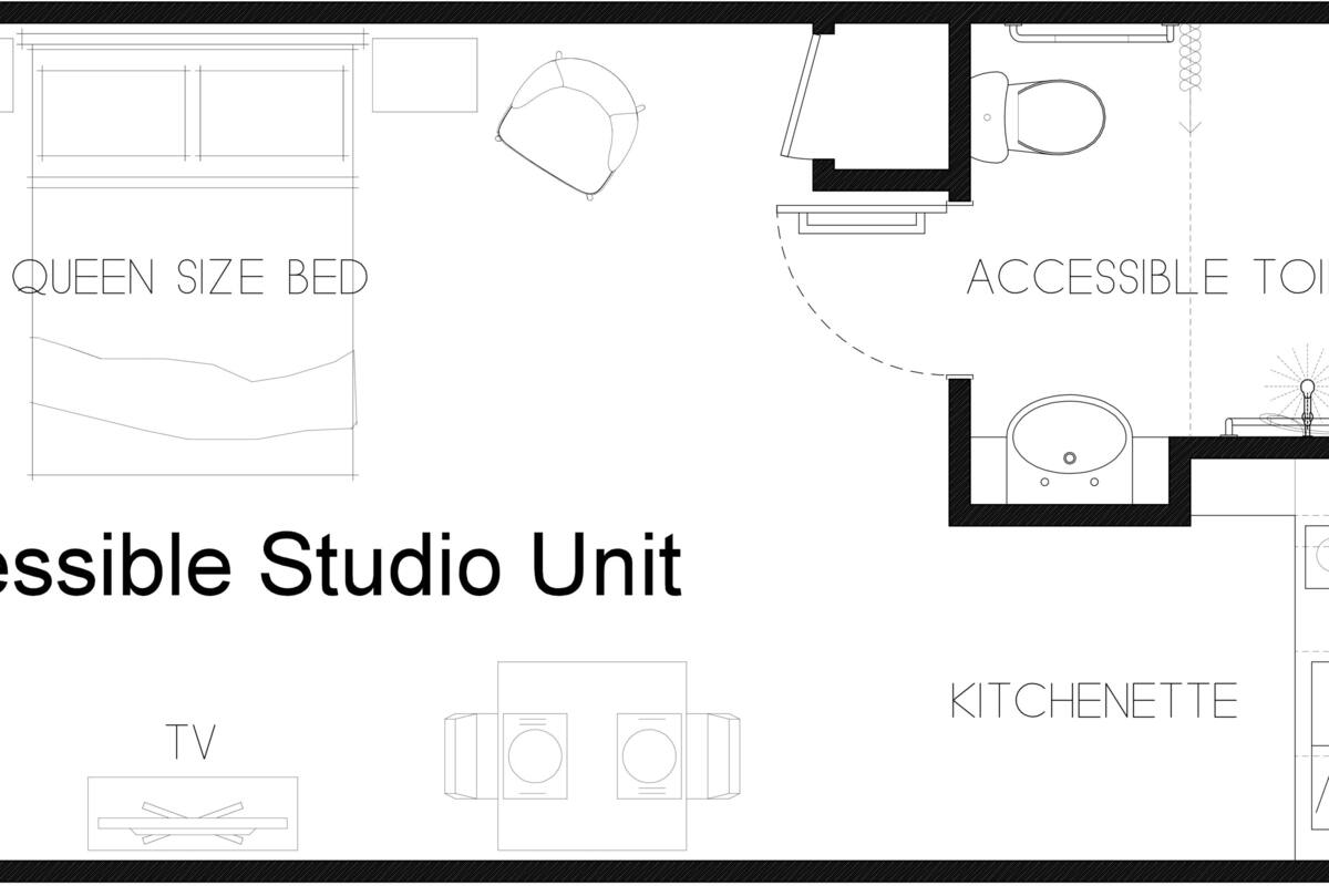 Distribución accesible de un estudio con cama tamaño queen, baño accesible, kitchenette, televisor y un mueble para televisión.