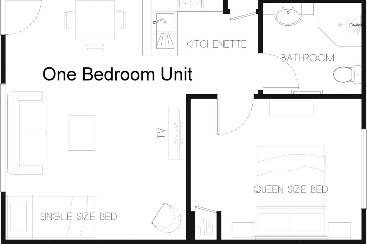 Distribución de un apartamento de un dormitorio con cama individual, cama tamaño queen, televisor, kitchenette y baño.