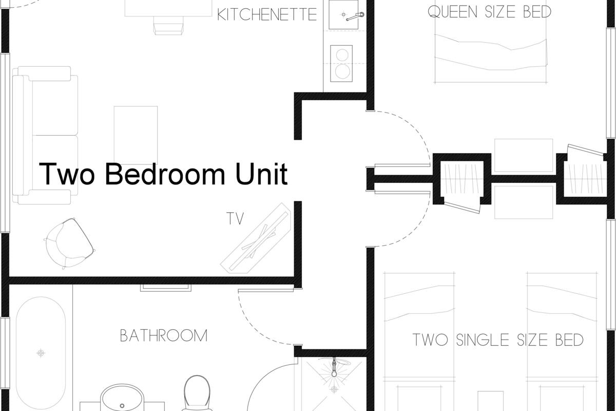 Plano de planta de un apartamento de dos habitaciones con kitchenette, cama tamaño queen, televisor, baño y dos camas individuales.