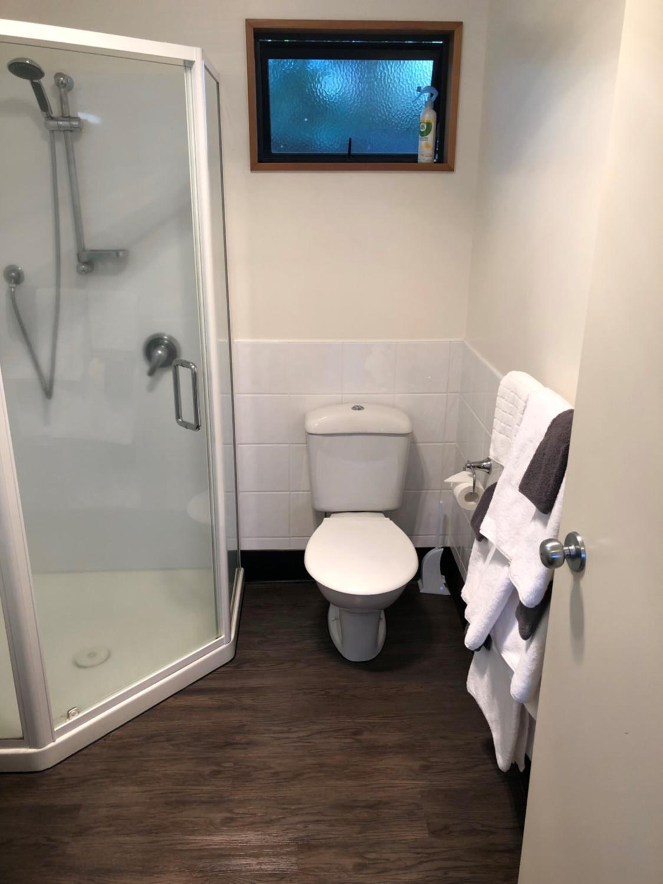 A bathroom with a glass shower enclosure, a toilet, and a towel rack.