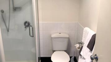 A bathroom with a glass shower enclosure, a toilet, and a towel rack.