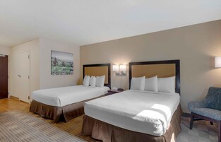 Habitación de hotel con dos camas, una silla, un cuadro en la pared y una lámpara.