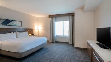Une chambre d’hôtel avec un grand lit, un téléviseur à écran plat, un bureau et une fenêtre avec des rideaux.
