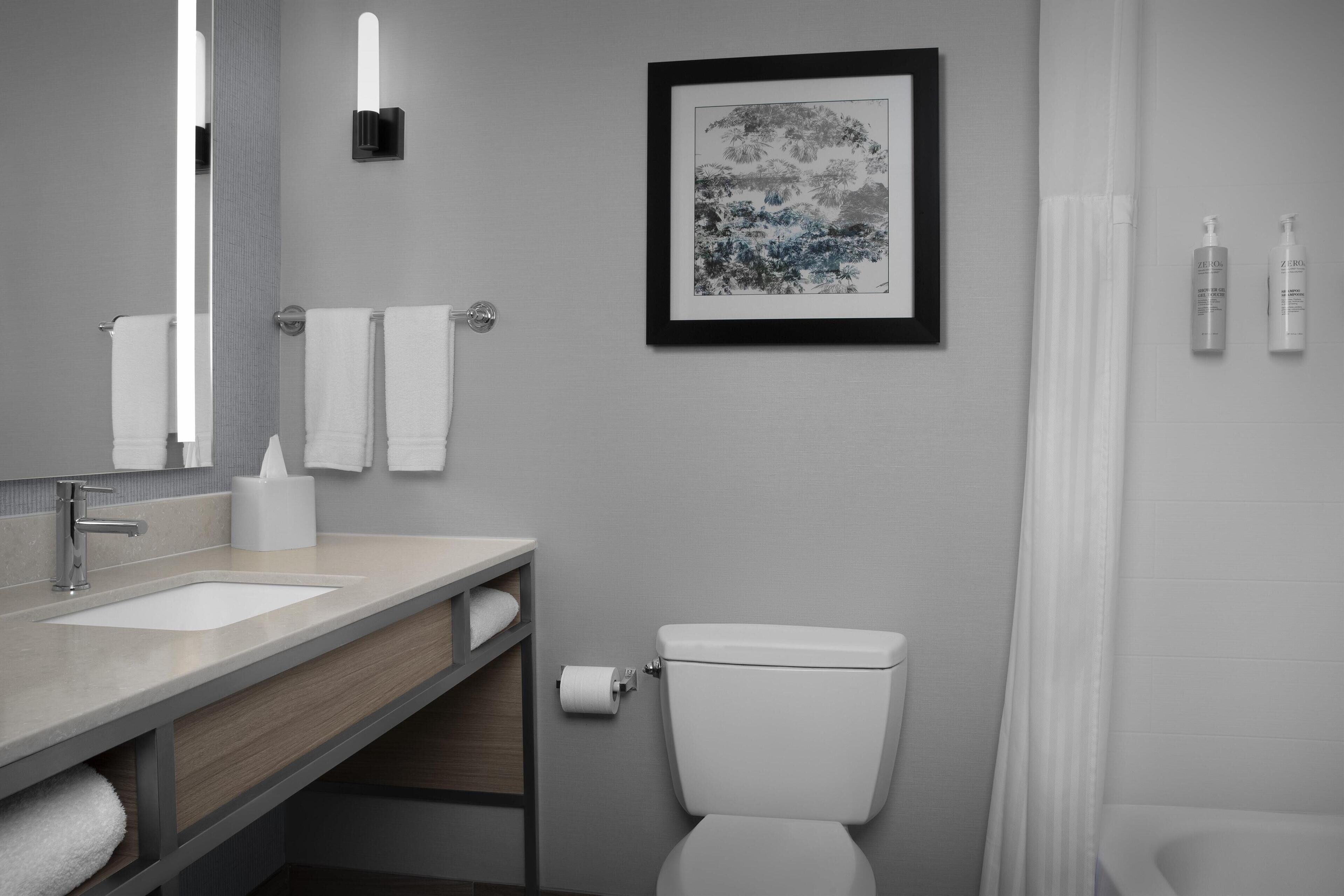 A modern bathroom with a sink, mirror, toilet, and framed artwork.