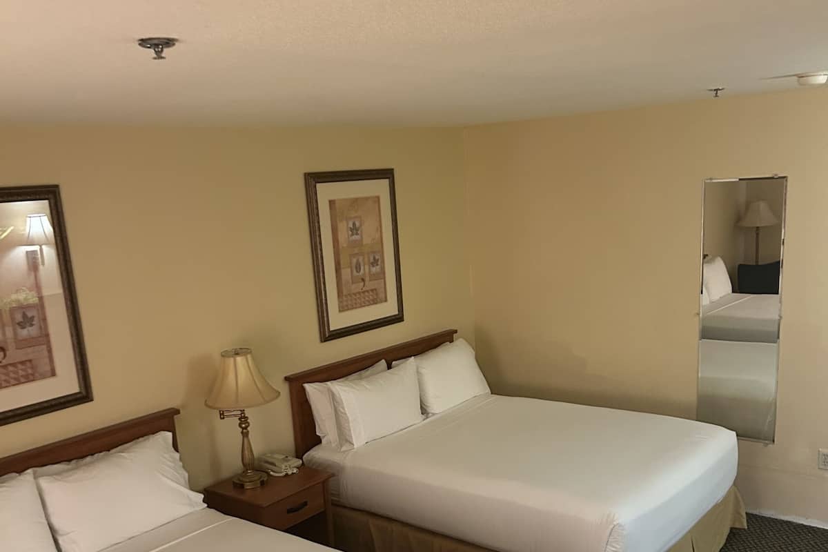 A hotel room with two single beds, a nightstand with a lamp, a framed picture on the wall, and a mirror.