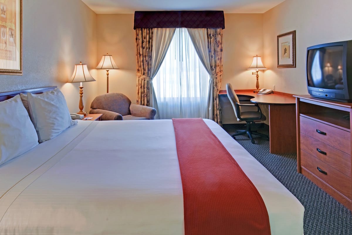 A hotel room with a large bed, a desk with a chair, a television, and two lamps.