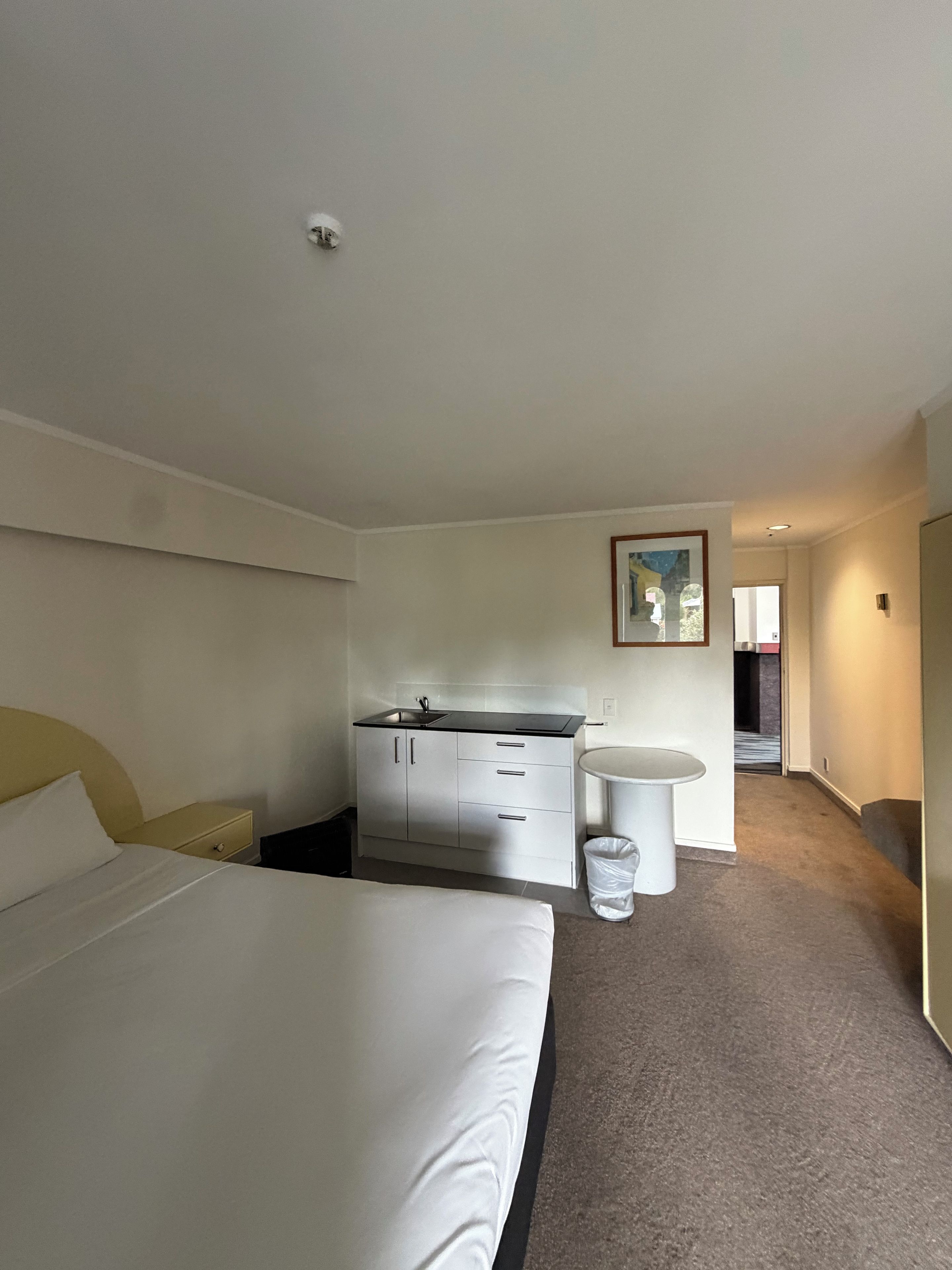 Una habitación de hotel con una cama, un escritorio pequeño con lavamanos, un cesto de basura y un cuadro en la pared.